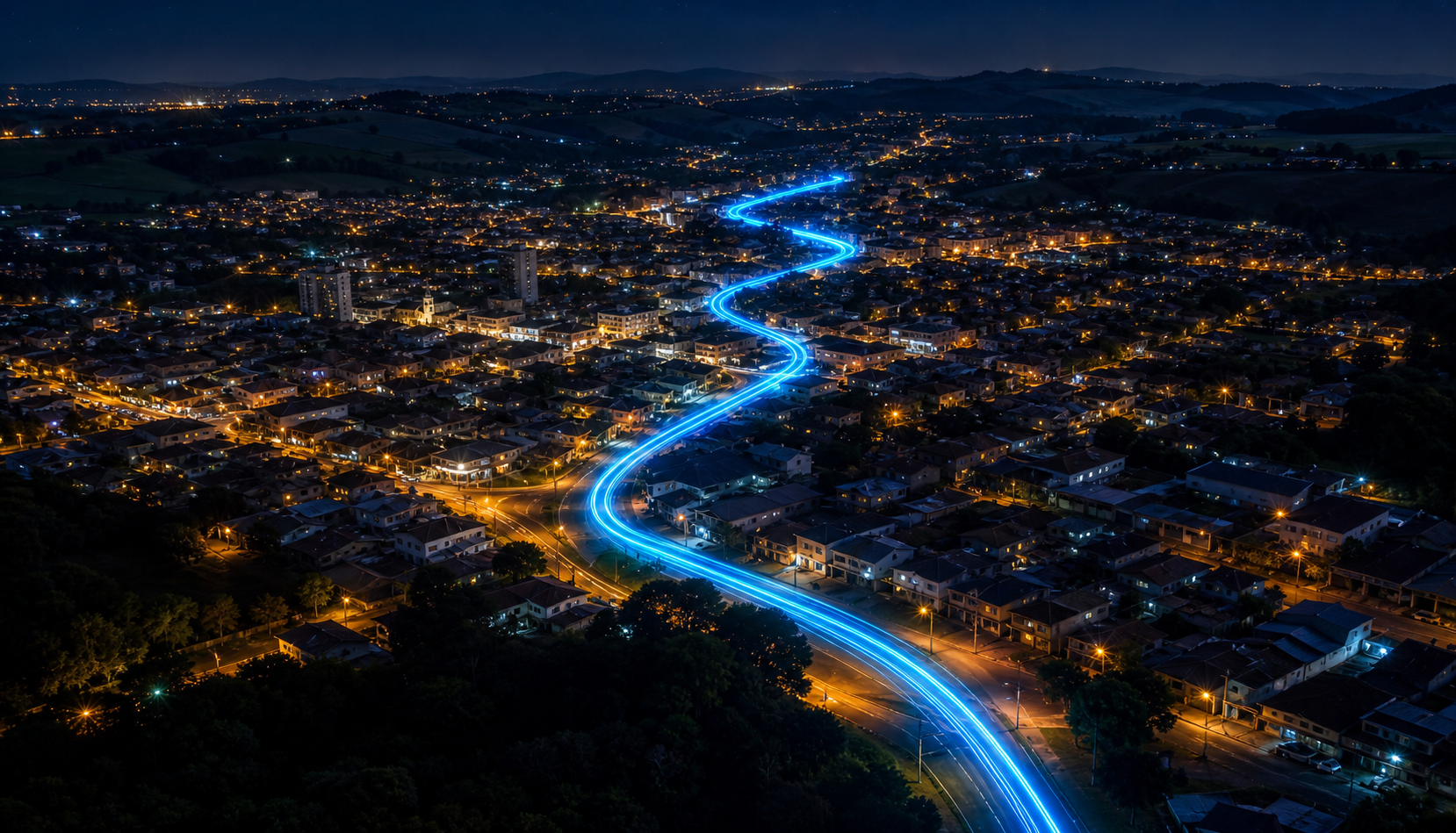 Vista noturna de uma cidade conectada por fibra óptica